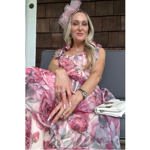 Lulus Blush Floral Organza Tie-Strap Tiered Playfully Posh Midi Dress SIze L - Picture 10 of 13